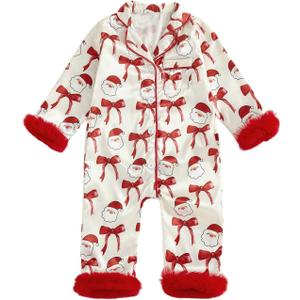 Baby Girl Easter Pajamas Newborn Bunny Carrot Cross Feather Trim Nightgown Jumpsuit Romper Cute Silk Pjs Sleepwear (6-12 Months, Santa Claus Bow Print White)