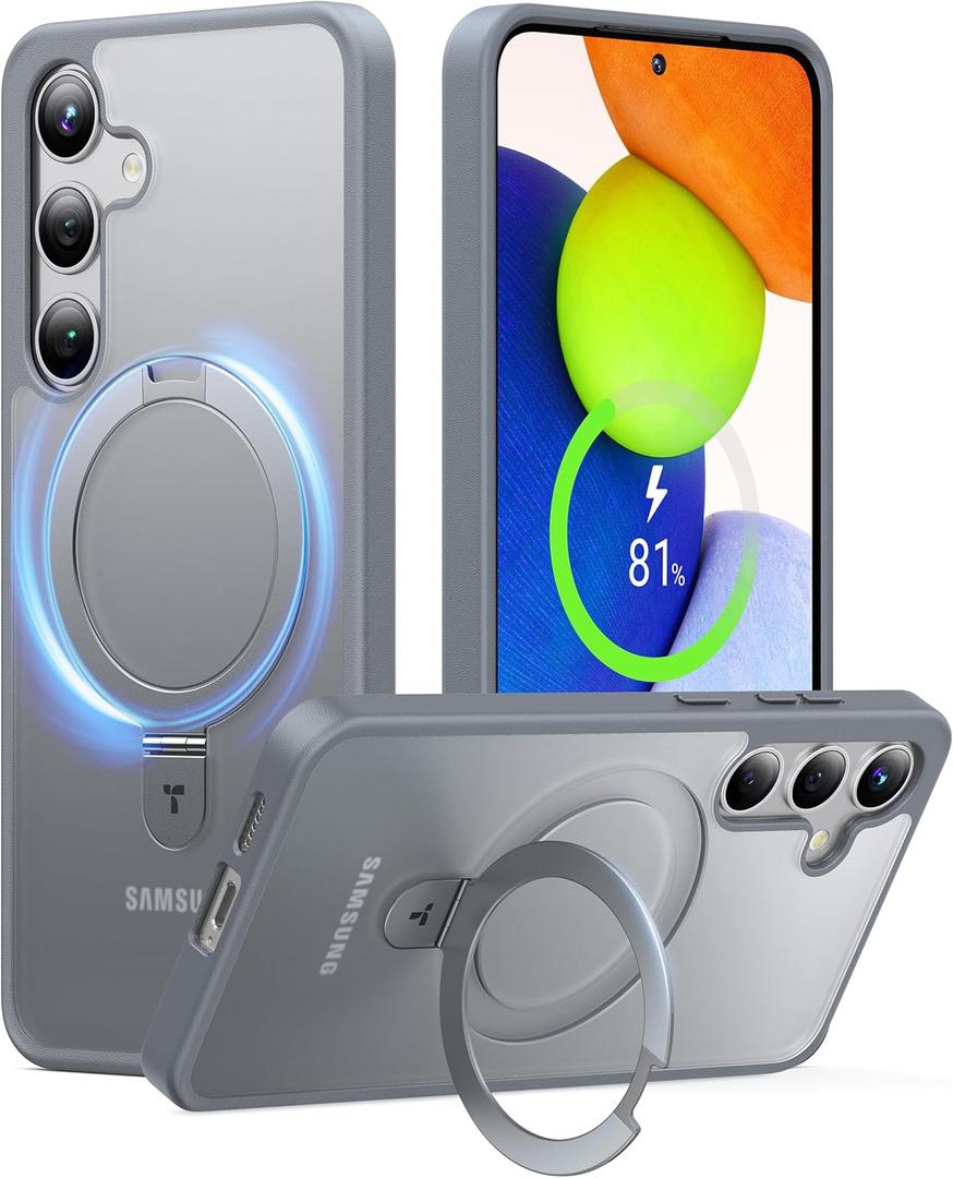 TORRAS Magnetic Ostand for Samsung Galaxy S24 Case [Compatible with MagSafe] [Military Grade Drop Tested] [Ring Holder] [Build in Kickstand] Matte Translucent Slim Back Soft Edge with Stand, Gray