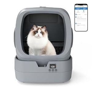 UPFAS Automatic Cat Litter Box Self Cleaning - APP Control - Weight Monitoring - Ultra-Quiet, Medium Cats and Kittens Litter Box, Safe Anti-Pinch【Assembly Required】- Grey