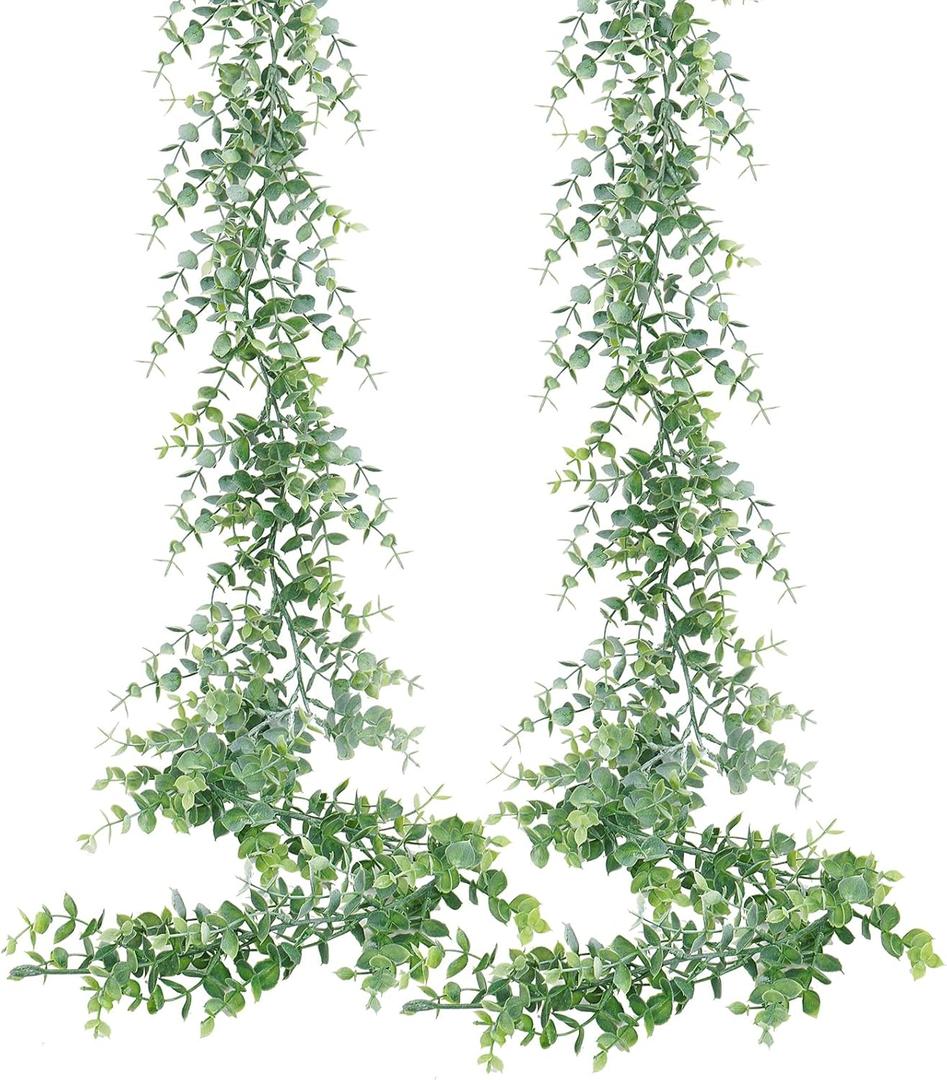 Dolicer 2 Pack Faux Eucalyptus Garland, 12Ft Artificial Vines Fake Hanging Eucalyptus Leaves Greenery Garland for Wedding Backdrop Arch Wall Table Party Indoor Outdoor Decor (Grey Green)
