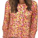 Long Sleeve Shirts for Women 2026 Spring Dressy Casual Blouses Pleated Crewneck Tunic Tops for Leggings Cute Tee (Large, Yellow Floral)