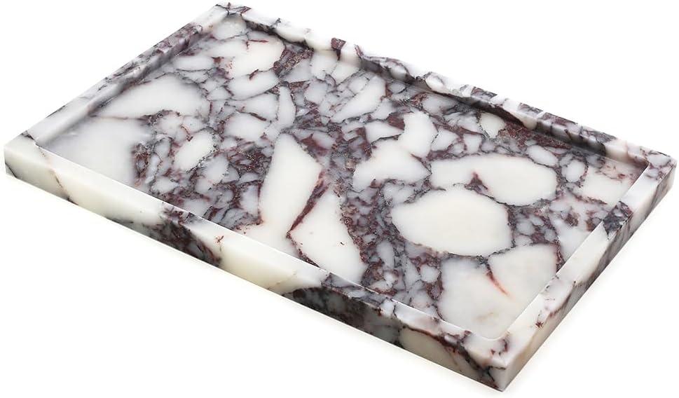 Real Luxurious Natural Marble Vanity Tray Genuine Marble Storage Tray for Home Decor Stone Tray for Bathroom/Kitchen/Vanity/Dresser,Plate Holder for Tissues, Candles, Towel (12" x 8" x 0.7", Calacatta Viola)