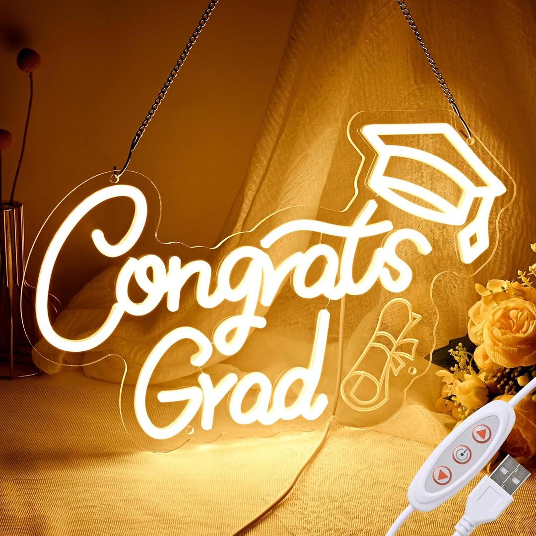 FRAMICS Congrats Grad Neon Sign 10 Adjustable Brightness 2026 Graduation Decorations Lighted Congrats Grad Sign with 9.8 FT USB Power Cord Warm White LED Graduation Sign for Wall Decor Party Backdrop
