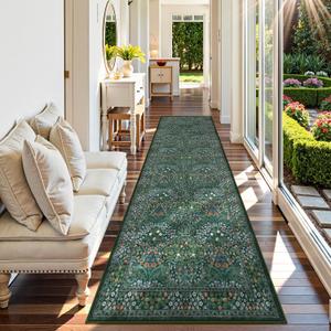 Lahome Floral Hallway Runner Rug Non Slip, 2'6''x10'Soft Washable Runners for Hallways, Ultra-Thin Green Kitchen Runner Distressed Carpet for Entryway Bathroom Giverny, Dark Green, 2.5'x10'