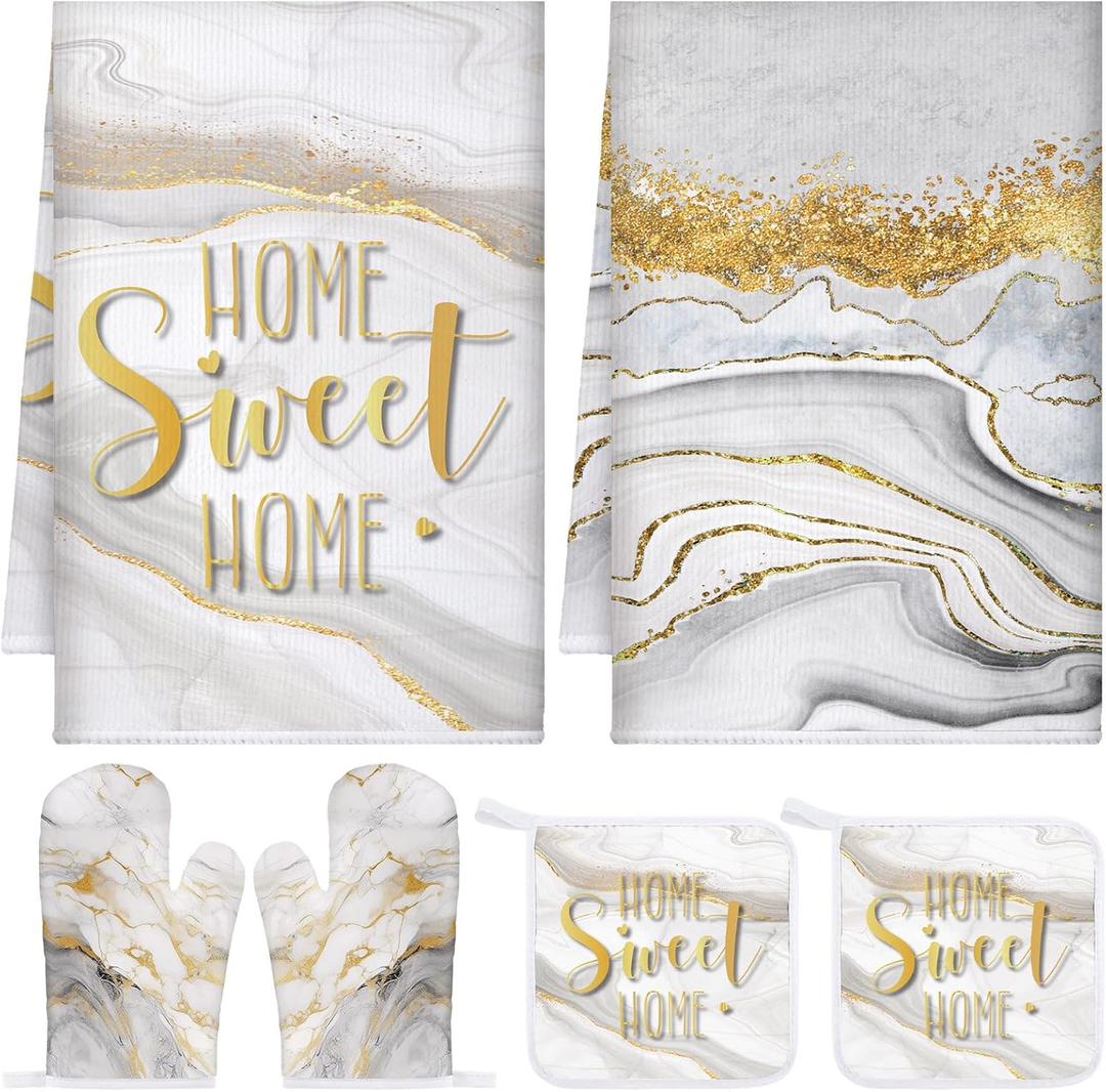 Bencailor 6 Pcs Marble Kitchen Decor Gold Pot Holders Oven Mitts 2 Dish Towels 2 Farmhouse Cooking Mittens Oven Glove and Potholder for Baking Cooking Grilling Supply Accessories(White)