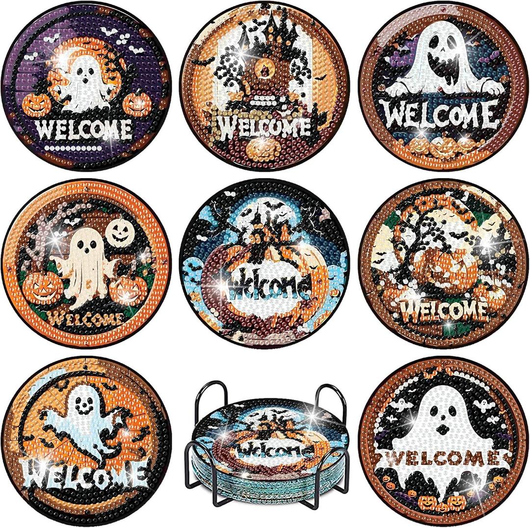 Fotasmua 8 PCS Halloween Diamond Art Coasters Kits, Round Full Drill Halloween Pumpkin Ghost Diamond Painting Coasters Set with Holder, DIY Diamond Dot by Number Coaster Art and Craft for Home Decor