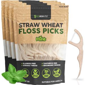 Dental Floss Picks - Straw Wheat Handle Flossers | Thin & Shred-Resistant Thread for Tight Gaps | Flossers for Adults | Gentle on Gums & Teeth | Gluten-Free & Vegan (200 Pack, Mint) 4 Pack
