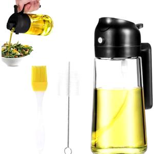 2 in 1 Oil Sprayer & Dispenser for Cooking | 16oz/470ml Glass Olive Oil Sprayer with Brush | Oil Spray Bottle with Pourer, Food-grade Oil Mister for Air Fryer, Salad, Frying, BBQ (Black)