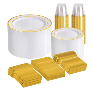 Gold Disposable Dinnerware Set for 100 Guests - 600PC BPA-Free Plastic Plates & Cutlery Kit with 100 Dinner Plates, Salad Plates, Forks, Knives, Spoons & Cups for Wedding, Party, Catering (Heavy-Duty)