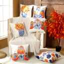 Set of 6 Fall Pumpkin Pillow Covers 18x18 Chinoiserie Pumpkin Pillow Cases Blue and Orange Grandmillennial Autumn Decorations for Couch Sofa Bed Harvest Thanksgiving Outdoor