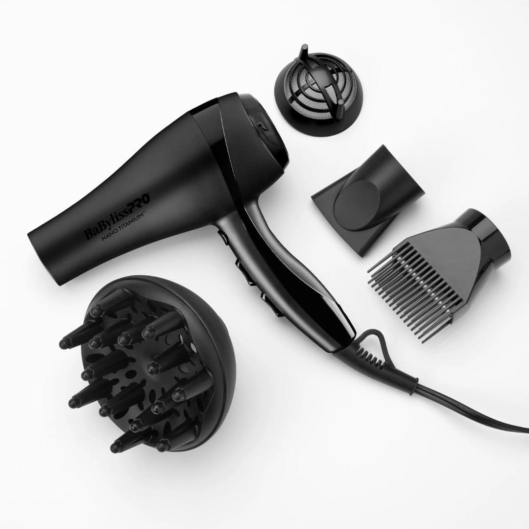 BaBylissPRO Nano Titanium 2000-Watt Blow Dryer with Concentrator Nozzle, Professional Grade Ionic Corded Styling Tool for Hair (Black)