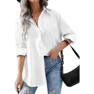 HOTOUCH Women Oversized Button Down Shirts Office Drop Shoulder Blouse Long Sleeve Boyfriend Dress Shirt with Pockets (Large, White)