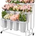 Flower Display Stand Frame, 3-Tier Flower Cart with Wheels, Metal Floral Display Rack , Moving Florist Bouquet Shelf for Shop ,Flower Bar, Events, without Buckets(White, 3 Tier)