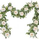 Dolicer 2Pcs 13Ft Artificial Eucalyptus Garlands with Flowers, Faux Floral Greenery Garlands Fake Flowers Vines for Wedding Table Centerpieces Arch Party Ceremony Backdrop Decor (White)