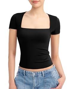 PUMIEY Short Sleeve T Shirts for Women Square Neck Top Sexy Going Out Tops Slim Fit Tee Shirt, Jet Black, Large