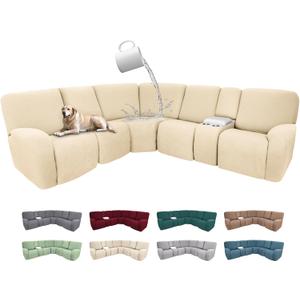 100% Waterproof Sectional Recliner Couch Covers for Reclining Couch L Shaped Corner Sectional Sofa Cover Jacquard Stretch L Shape Recliner Slipcovers (5 Seater 1 Console Cover, Cream)