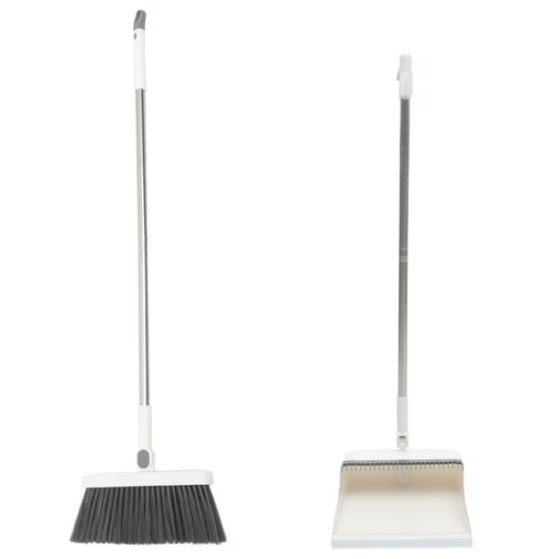 JOYMOOP White Broom and Dustpan Set, Upright Angle Design with Built-in Comb Teeth for Kitchen, Office, Pet Hair, Hard Floors
