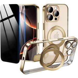 Privacy Case for iPhone 16 Pro Max with Magnetic Stand 1 HD & 1 Privacy Screen Protector, Full Camera Lens Protector Fits for MagSafe Shockproof Not Yellowing Luxury Plating Edge Clear Kickstand Case (Gold)