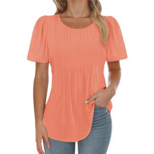 AURUZA Womens T Shirts, Short Sleeve Tops Dressy Casual Pleated Summer Shirts Scoop Neck Tshirts Tunic Tops Fashion (XX-Large, Coral)