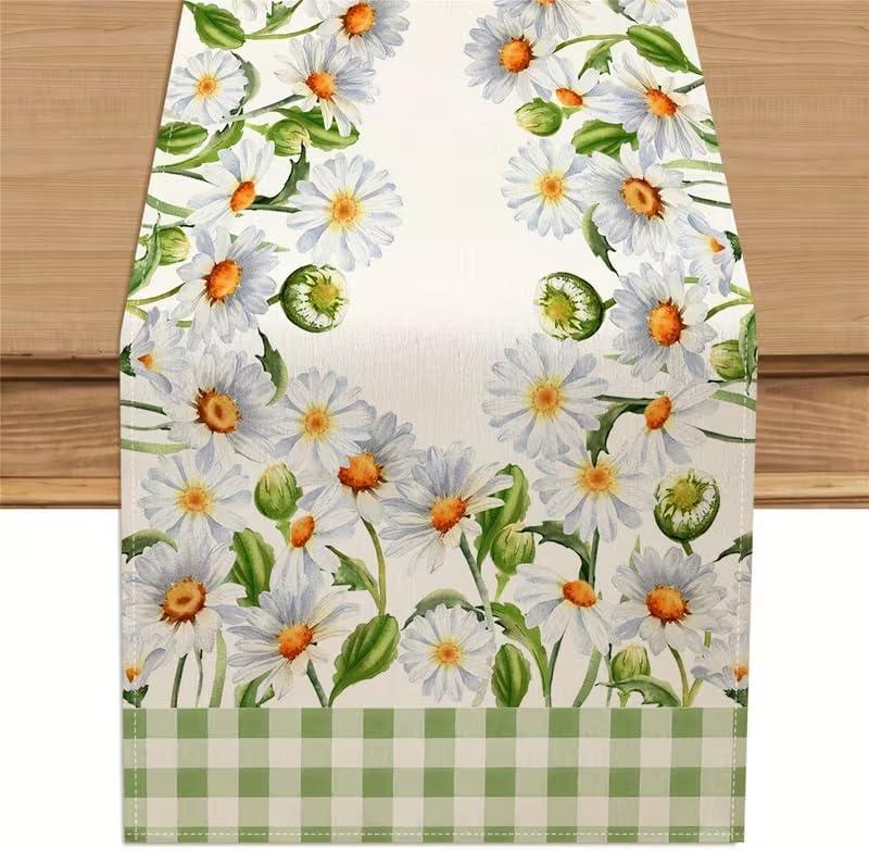 Green Buffalo Grid Spring Floral Daisy Table Runner , Seasonal Summer Kitchen Dinning Table Decoration for Home Farm Party Indoor Outdoor Decor 13x60 Inch