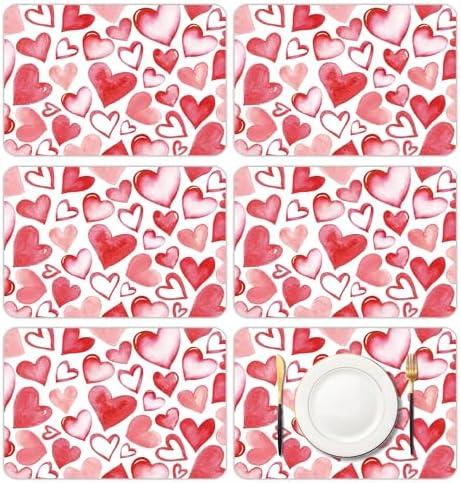 KOPOOEOE 6 Set Valentine's Day Placemats, 11x16 Inch Watercolor Heart Plastic Placemats Red Pink Spring Holiday Table Mats for Wedding Party Festival Decor