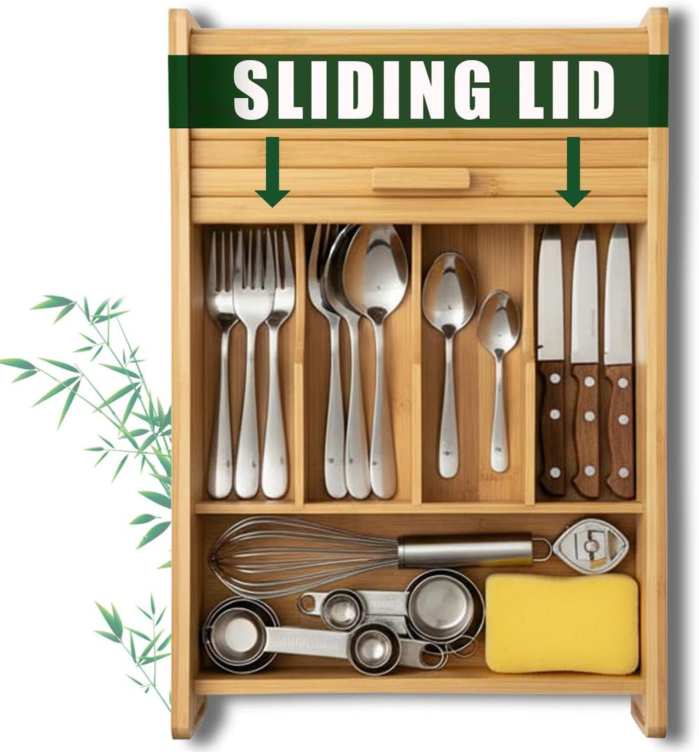 KozyKoala & Co. Bamboo Drawer Organizer with Sliding Lid - 5 Slot Kitchen Drawer Organizer & Utensil Holder - Wood Bamboo Cutlery Tray for Flatware & Multipurpose Storage for Home & Office