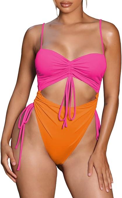 Viottiset Women's Cut Out Drawstring One Piece Swimsuit Cheeky High Cut Bathing Suit (L), Orange Pop Pink