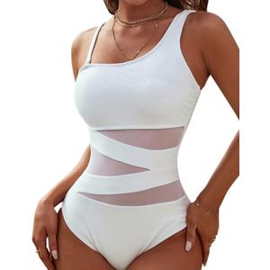 Blooming Jelly Women's Sexy One Piece Bathing Suits One Shoulder Swimsuits Slimming Mesh Swimwear (Larg, White)