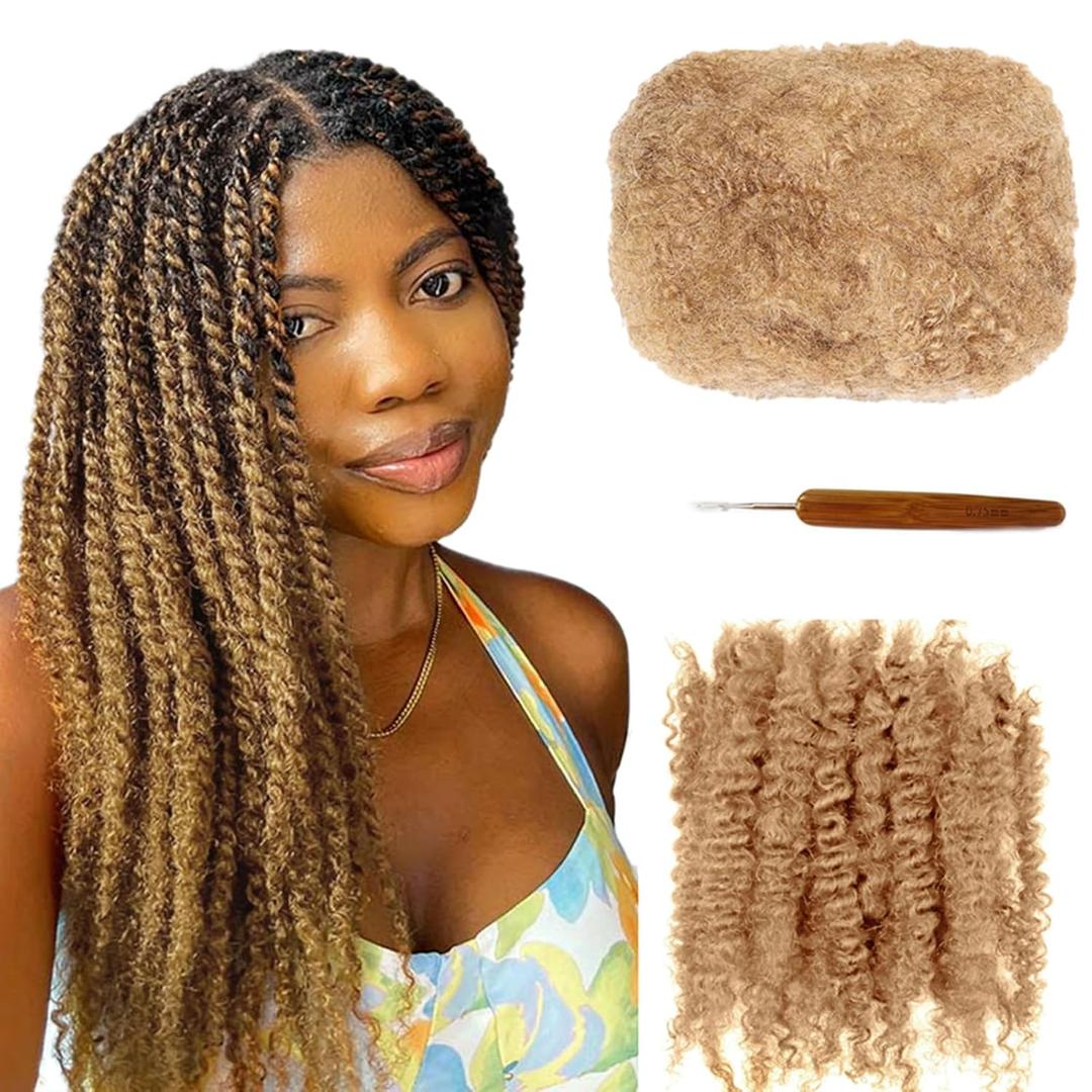 Honey Blonde Afro Kinkys Bulk Human Hair 30g -100% Real Human Hair for Mini Twist, Braiding, Loc Extensions & Crochet, Kinky Curly Hair Bundles, Natural Afro Bulk for Dreadlocks (27 Honey Blonde, 16)