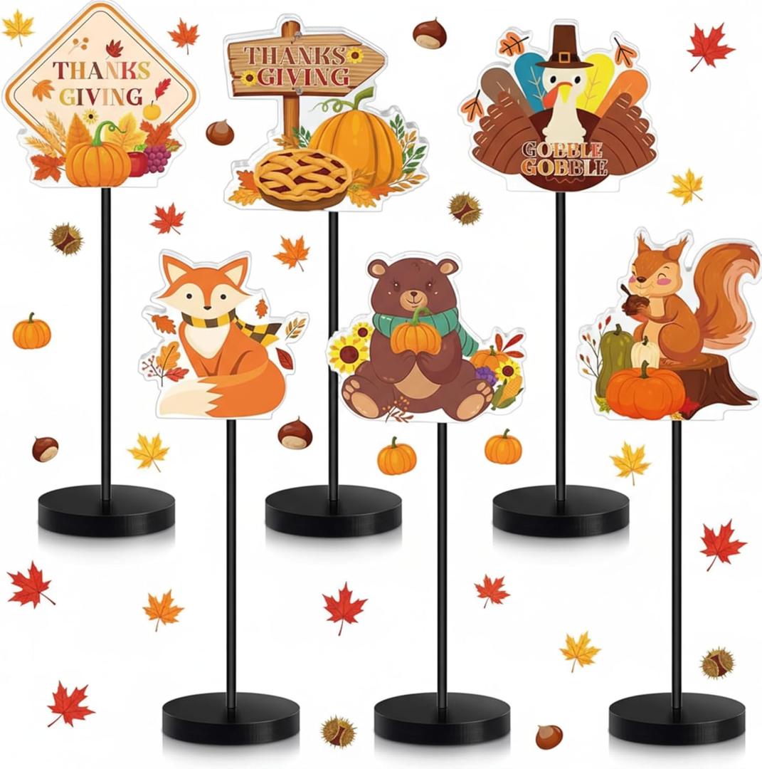 Wenqik 6 Pcs Thanksgiving Tabletop Decor Turkey Table Centerpiece Standing Thanksgiving Party Decorations Turkey Sign Wooden Block Fall Shelf Ornaments Pumpkin Maple Leaf for Home Autumn Harvest