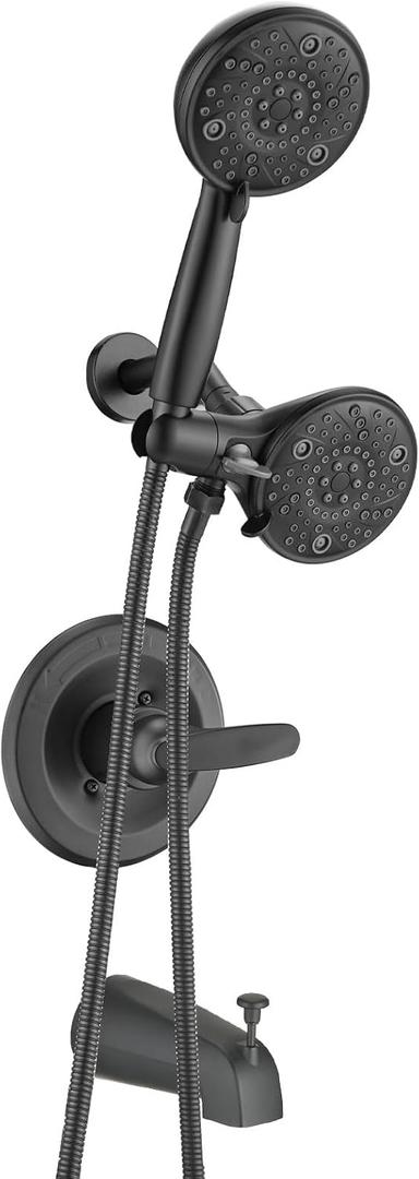 Replacement 5" Dual Shower Combo Faucet Tub Trim Kit for Delta 13/14 Series, High Pressure Round Rain Shower Head& Handheld Set Faucet System, Matte Black (Valve & Catridge Not Included)
