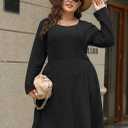 Nemidor Womens Plus Size Scooped Neck Long Sleeve Ribbed Midi Swing Dress with Pocket NEM543 (Black)