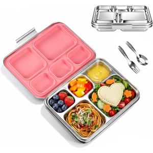 Stainless Steel Bento Lunch Box 7+Order KidsTeens and Adults, Leak-Proof, BPA-Free, 5 Compartments, Eco-Friendly, Durable Lunch Box for School, Office, Fitness, Travel, and Meal PrepPink)