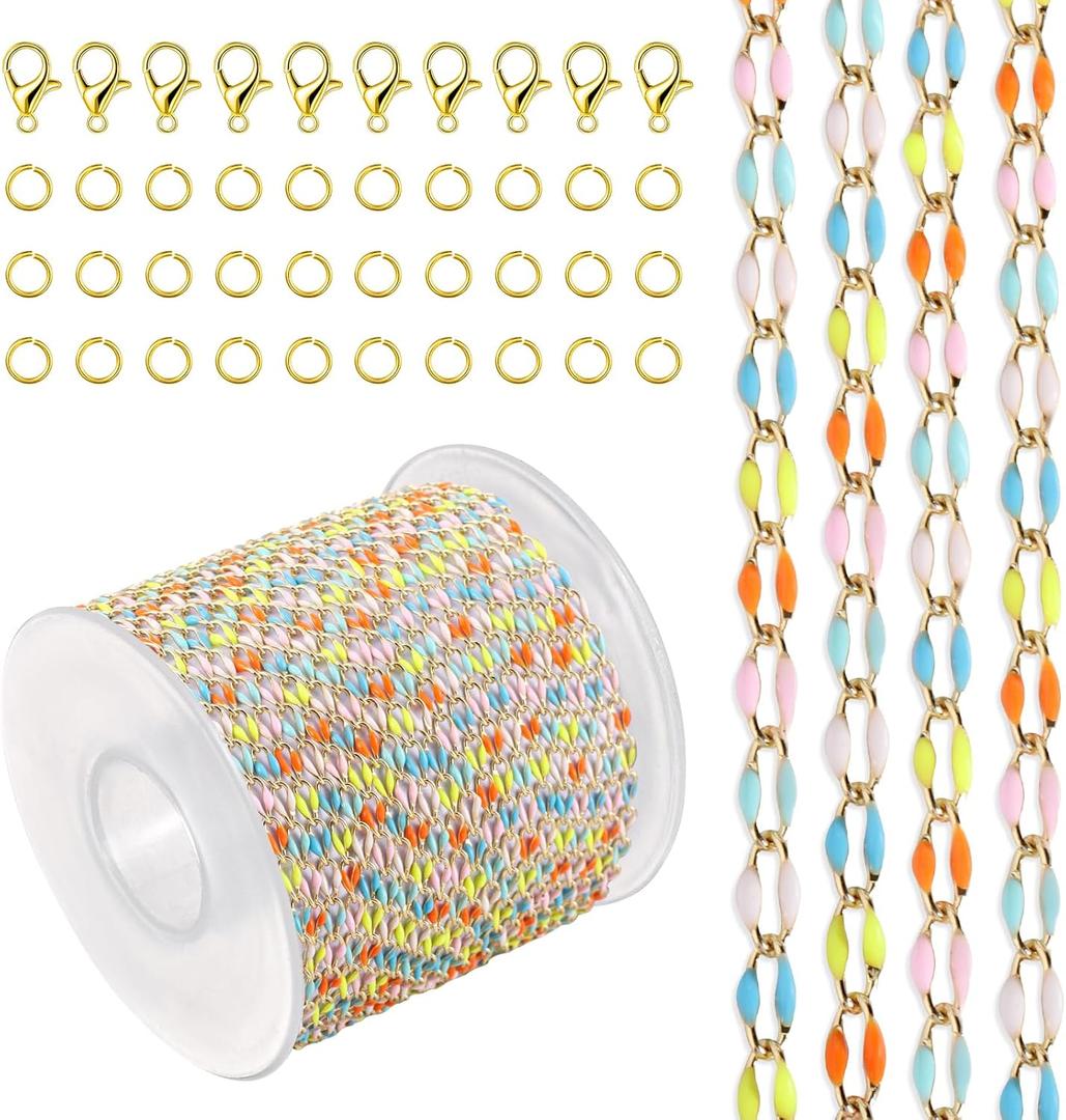 2 x 4 Meters Colorful Oil Drip Cable Chain for Jewelry Making, KC Gold Plated Brass Chain for Women, Mixed Color Dripping Oil Cable Links, Necklace, DIY Jewelry(30 Open Jump Rings+10 Lobster Clasps