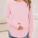 Yousify Womens Maternity Shirts Long Sleeve Round Neck Tops Pregnancy Clothes Loose Fit Casual Blouses with Thumb Holes (Pink, XL)