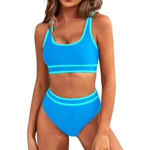 BMJL Women's High Waisted Bikini Sets Sporty Two Piece Swimsuits Color Block Cheeky High Cut Bathing Suits (Large, Blue)