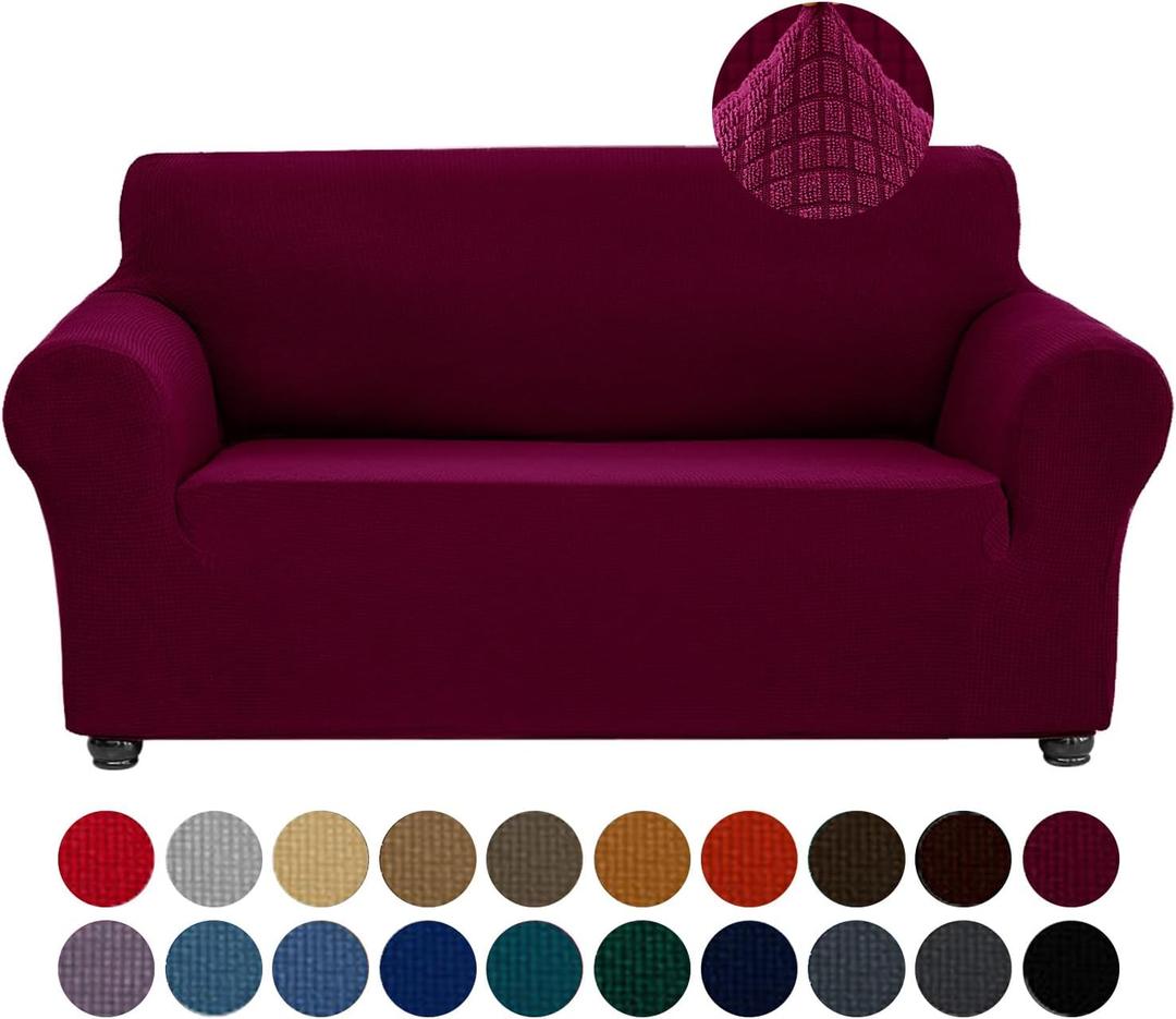 Joccun Stretch Loveseat Couch Cover Slipcover, 1-Piece Sofa Cover for 2 Cushion Couch Spandex Jacquard Washable Furniture Protector Cover for Living Room, Kids, Pets Loveseat, Burgundy (Medium55"-78"))