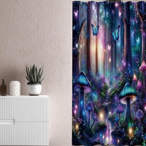 Small Stall Purple Mushroom Shower Curtain 36x72 Inch Half RV Camper Spring Fairy Butterfly Shower Curtains Set Enchanted Forest Woodland Nature Landscape Bath Decorative Bathroom Home Decor