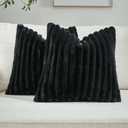 FUTEI Black Throw Pillow Covers Set of 2, 18x18 Inch Soft Faux Rabbit Fur Striped Texture Cushion Cases, Modern Decorative Couch Pillows for Living Room Bed