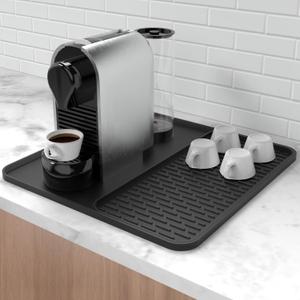 Silicone Coffee Mat,16''x16'' Coffee Bar Mat with Detachable Dish Drying Mat for Kitchen Countertops,Coffee Bar Accessories Fit Under Coffee Maker Coffee Machine Coffee Pot Espresso Machine Dish Rack (Black)