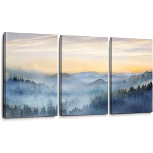 Wall Decor for Bedroom 3 Panel Sunrise Misty Forest Print Picture Paintings Wall Art for Living Room Bathroom Framed Canvas Artwork Modern Room Wall Decorations Size 16x24 x 3 Piece Ready to Hang