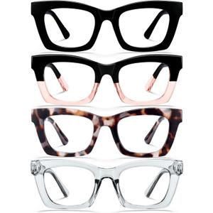 CCVOO Stylish Reading Glasses for Women, Stylish Eyeglasses, Blue Light Readers, Cheaters (Black+black and Pink + Black Leopard + Grey)