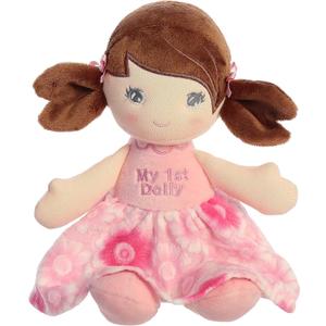 Aurora Elegant First Doll Brunette Baby Stuffed Doll - Imaginative Play - Stylish Companions - Pink 12 Inches