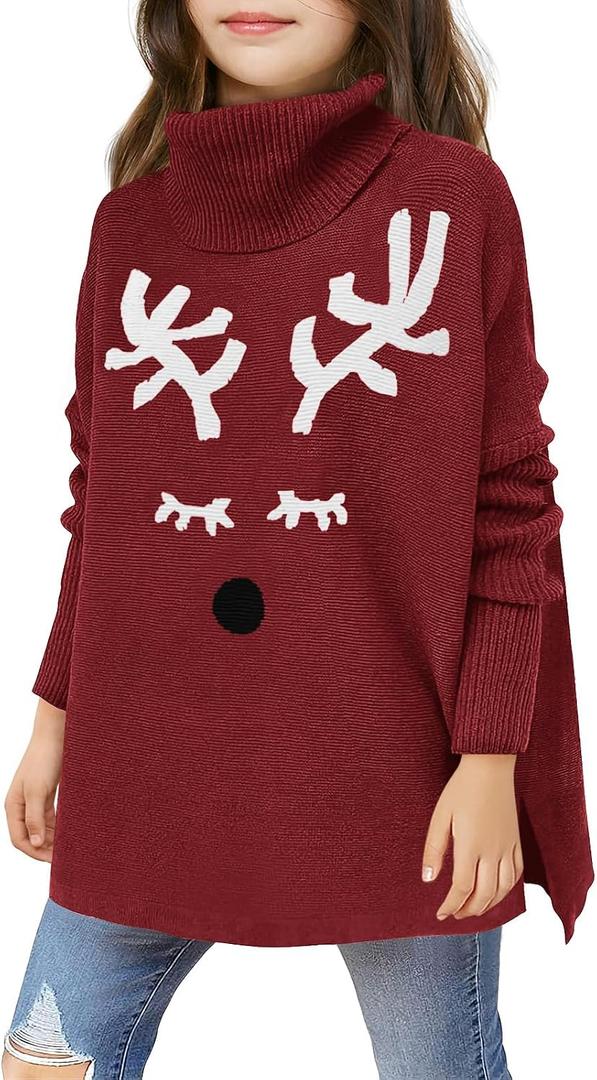 Haloumoning Girls Christmas Sweater Kids Oversized Turtleneck Cute Reindeer Sweaters with Side Slit (Red)