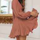 Lantern Long Sleeve Flowy Summer Backless Mini Sundress for Women 2023 Casual V Neck Cut Out Empire Waist Skater Dresses (Brown, S)