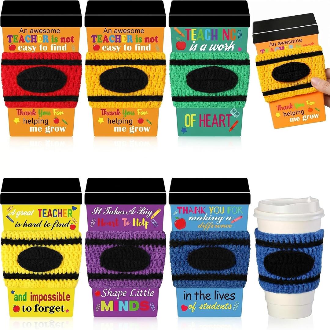 Zhehao 6 Set Teacher Appreciation Gift Card Crochet Coffee Cup Sleeve Coffee Cup Crayon Thank You for Helping Me Grow Appreciation End of Year Teacher Gift Graduation Party Favors