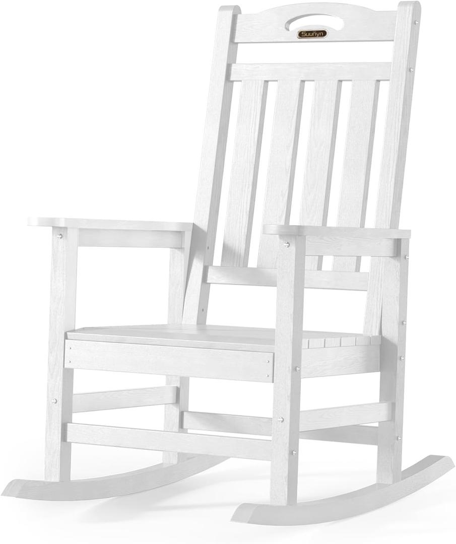 Oversized Outdoor Rocking Chair, High Back Porch Rocker Chair, HDPE All Weather Resistant Rocking Chairs for Patio,380lbs Weight Capacity, White