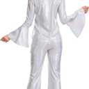 70s Disco Costume for Women-Disco Outfit with Sequin Top & Bell Bottoms,Wig,Earrings,glasses,Necklace,Headband, (Silver, Large)