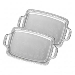 Tiangrid 2 Pcs Silver Serving Tray Elegant Floral Metal Plate Silver Platter for Buffet Wedding Party Jewelry Decorative (Oblong with Handle)