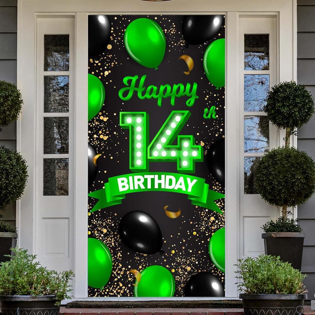 Happy 14th Birthday Green and Black Banner Backdrop Cheers to 14 Years Old Confetti Balloons Theme Decor for Girls 14 Years Old Birthday Party Decorations Bday Supplies Gift Background Favors Glitter